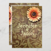 Rustic Burlap Damask Flower Wedding Invitations Kaart (Voorkant / Achterkant)