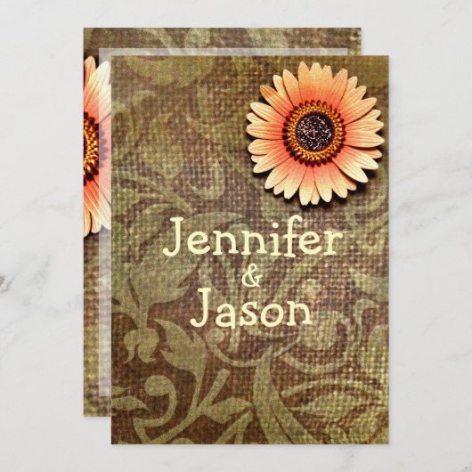 Rustic Burlap Damask Flower Wedding Invitations Kaart (Voorkant / Achterkant)