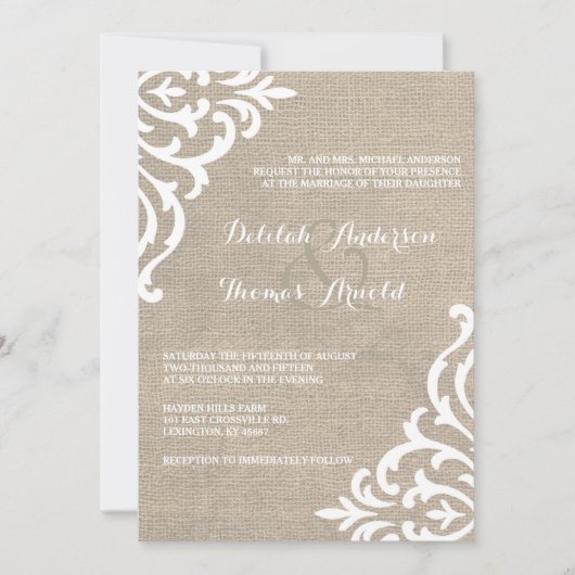 Rustic Burlap Damask Vintage Wedding Invitation Kaart (Voorkant)