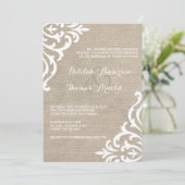 Rustic Burlap Damask Vintage Wedding Invitation Kaart (Staand voorkant)