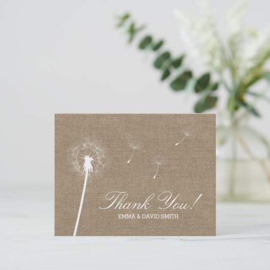 Rustic Burlap Dandelion Bblaast Dank je Briefkaart (Staand voorkant)