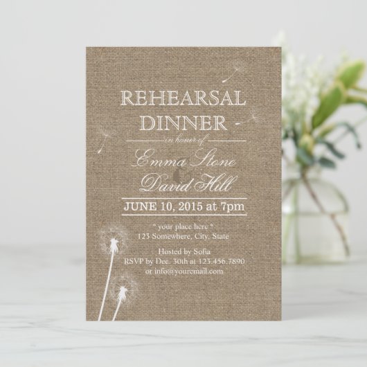Rustic Burlap Dandelion repesal Dinner Kaart (Staand voorkant)
