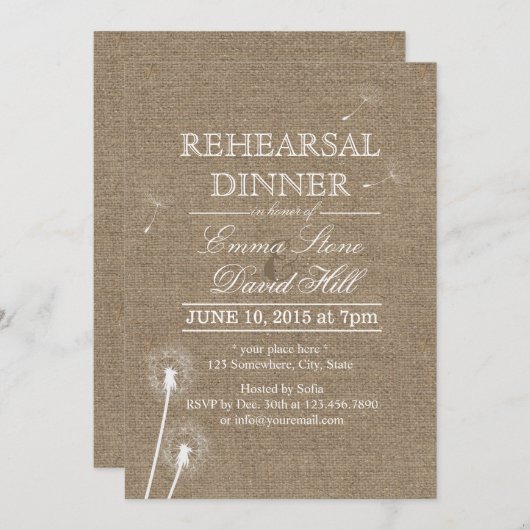 Rustic Burlap Dandelion repesal Dinner Kaart (Voorkant / Achterkant)