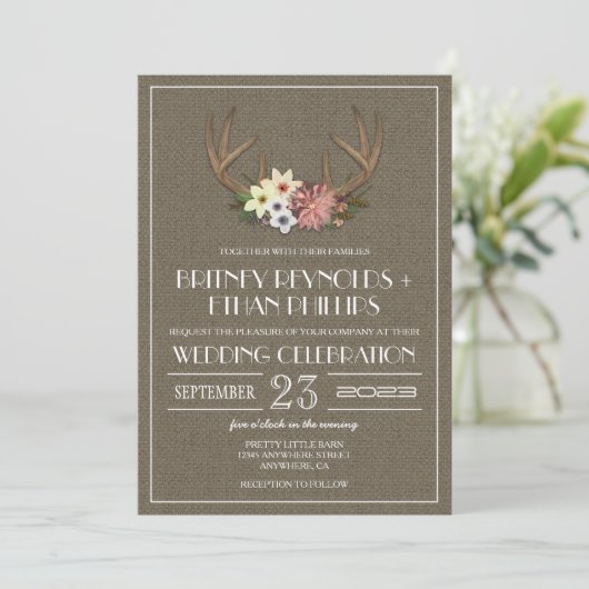 Rustic Burlap Deer Antler Wedding Invitations Kaart (Staand voorkant)