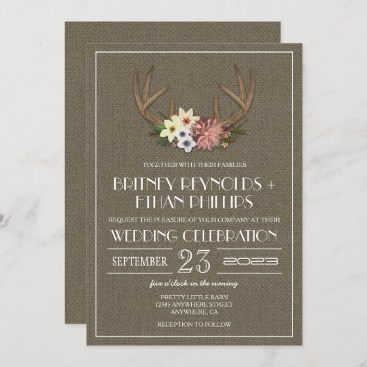 Rustic Burlap Deer Antler Wedding Invitations Kaart (Voorkant / Achterkant)