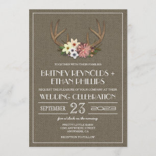 Rustic Burlap Deer Antler Wedding Invitations Kaart