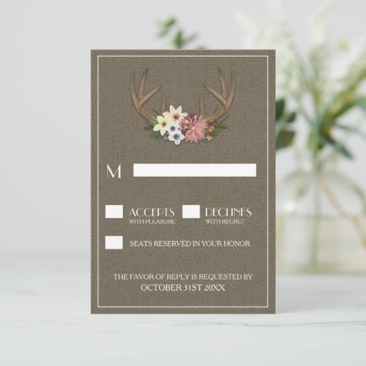 Rustic Burlap Deer Antler Wedding RSVP Cards (Staand voorkant)