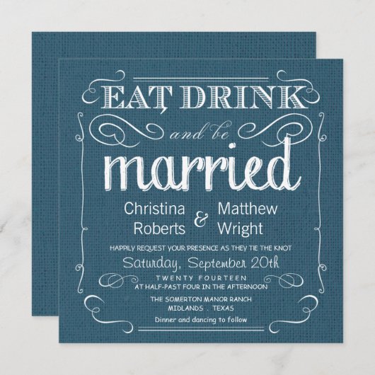 Rustic Burlap Denim Blue Wedding Invitations Kaart (Voorkant / Achterkant)