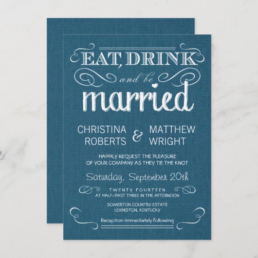 Rustic Burlap Denim Blue Wedding Invitations Kaart (Voorkant / Achterkant)