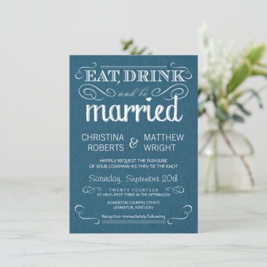 Rustic Burlap Denim Blue Wedding Invitations Kaart (Staand voorkant)