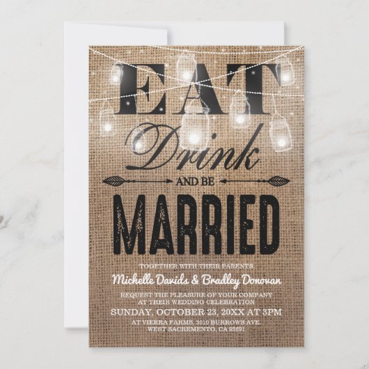 Rustic Burlap Eat Drink en huwelijkshuwelijk Kaart (Voorkant)