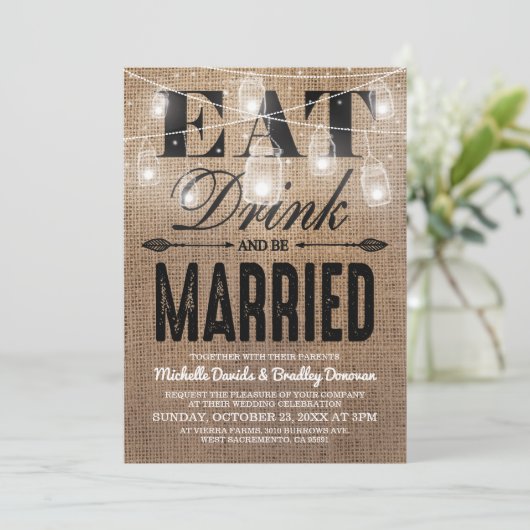 Rustic Burlap Eat Drink en huwelijkshuwelijk Kaart (Staand voorkant)