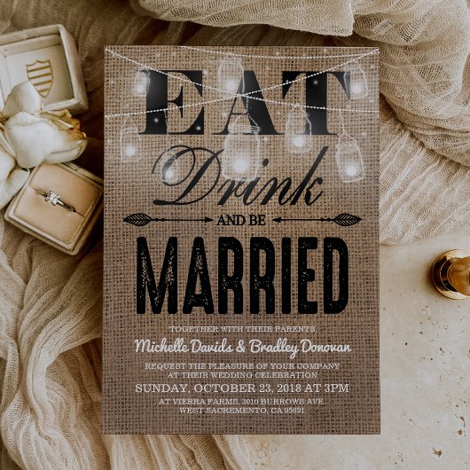 Rustic Burlap Eat Drink en huwelijkshuwelijk Kaart