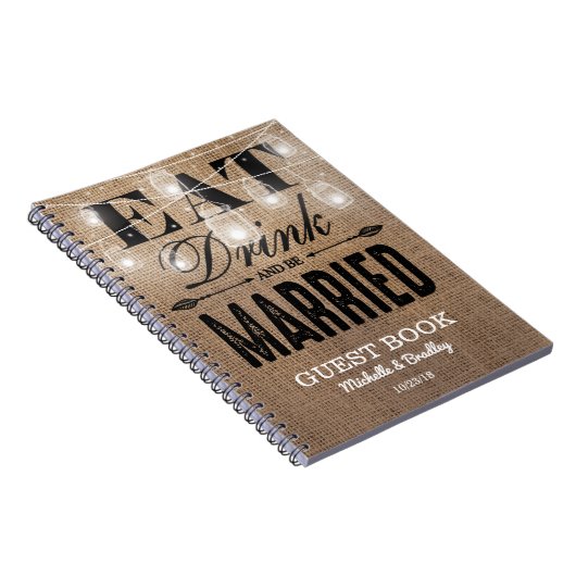 Rustic Burlap Eat Drink en huwelijkshuwelijk Notitieboek (Rechterzijde)