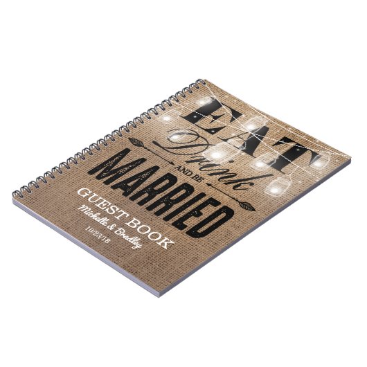 Rustic Burlap Eat Drink en huwelijkshuwelijk Notitieboek (Linkerzijde)