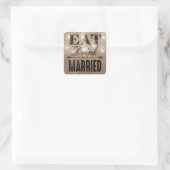 Rustic Burlap Eat Drink en huwelijkshuwelijk Vierkante Sticker (Tas)