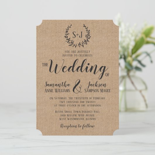 Rustic Burlap Elegant Black Typography Wedding Kaart (Staand voorkant)