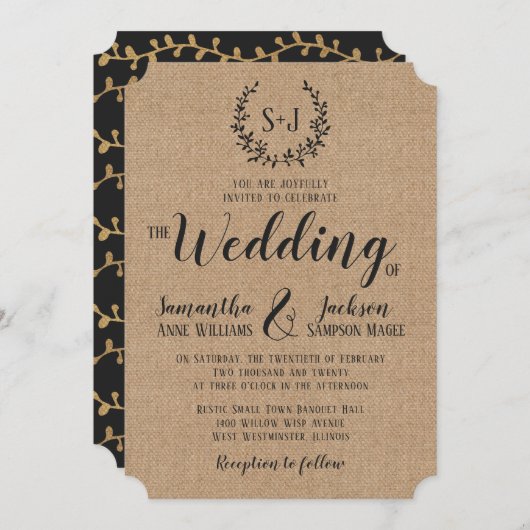 Rustic Burlap Elegant Black Typography Wedding Kaart (Voorkant / Achterkant)