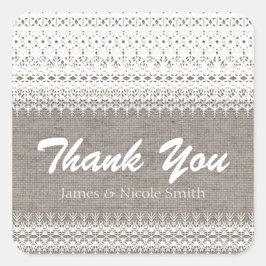 Rustic Burlap & Elegant Lace Wedding Favor Vierkante Sticker (Voorkant)