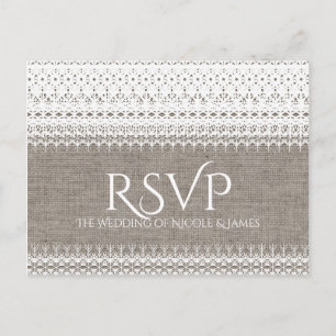 Rustic Burlap & Elegant Lace Wedding RSVP Uitnodiging Briefkaart