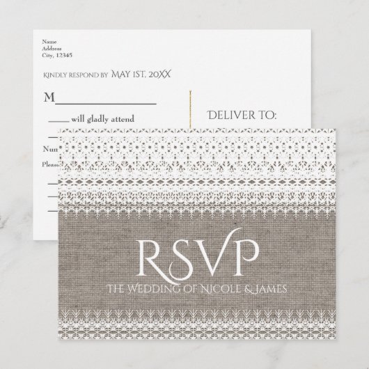 Rustic Burlap & Elegant Lace Wedding RSVP Uitnodiging Briefkaart (Voorkant / Achterkant)