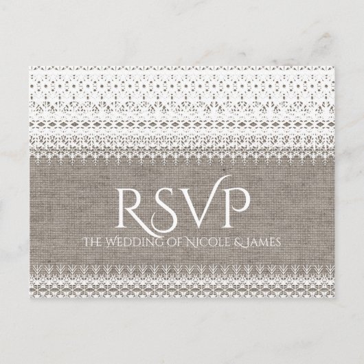 Rustic Burlap & Elegant Lace Wedding RSVP Uitnodiging Briefkaart (Voorkant)