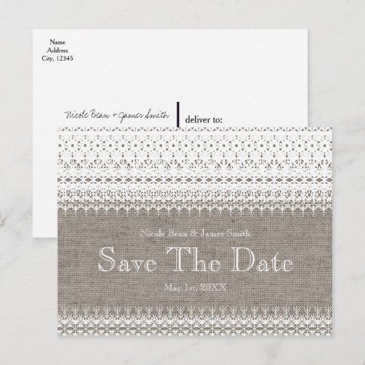 Rustic Burlap & Elegant Lace Wedding Save the Date Aankondigingskaart (Voorkant / Achterkant)