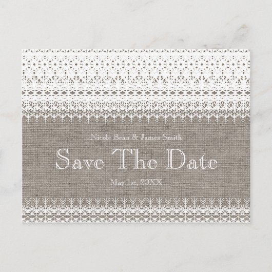 Rustic Burlap & Elegant Lace Wedding Save the Date Aankondigingskaart (Voorkant)