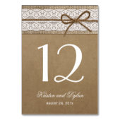 Rustic Burlap Elegant Lace Wedding Table Number Kaart (Voorkant)