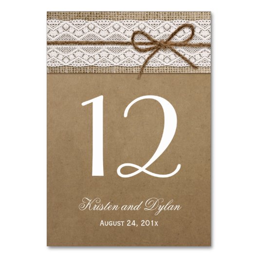 Rustic Burlap Elegant Lace Wedding Table Number Kaart (Voorkant)