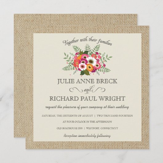 Rustic Burlap Elegant Wedding Invitations Kaart (Voorkant / Achterkant)