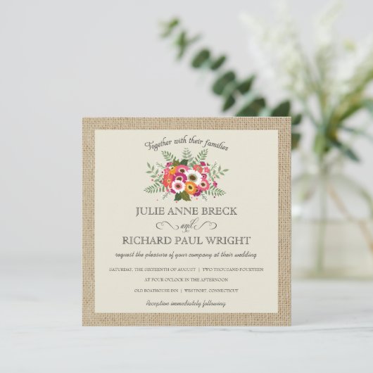 Rustic Burlap Elegant Wedding Invitations Kaart (Staand voorkant)