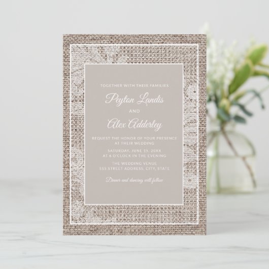 Rustic Burlap  Elegant White Lace Wedding Kaart (Staand voorkant)