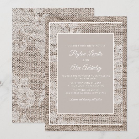 Rustic Burlap Elegant White Lace Wedding Kaart (Voorkant / Achterkant)