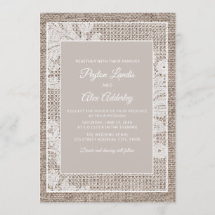 Rustic Burlap  Elegant White Lace Wedding Kaart