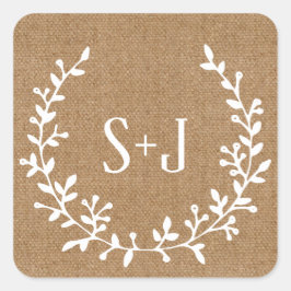 Rustic Burlap Elegant White Wreath Wedding Seal Vierkante Sticker