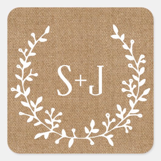 Rustic Burlap Elegant White Wreath Wedding Seal Vierkante Sticker (Voorkant)