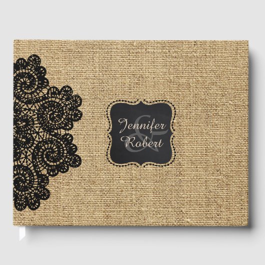 Rustic Burlap en Black Lace Custom Guest Book Gastenboek (Voorkant)
