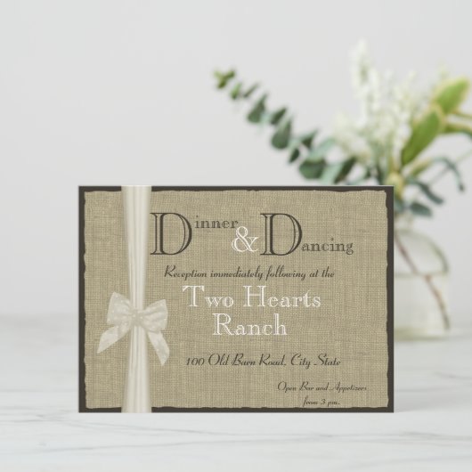 Rustic Burlap en Bow Reception Info Kaart (Staand voorkant)