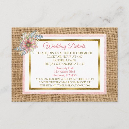 Rustic Burlap en Flower Wedding Detail Card Informatiekaartje (Voorkant)