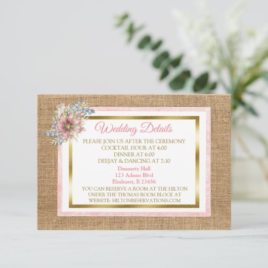Rustic Burlap en Flower Wedding Detail Card Informatiekaartje (Staand voorkant)
