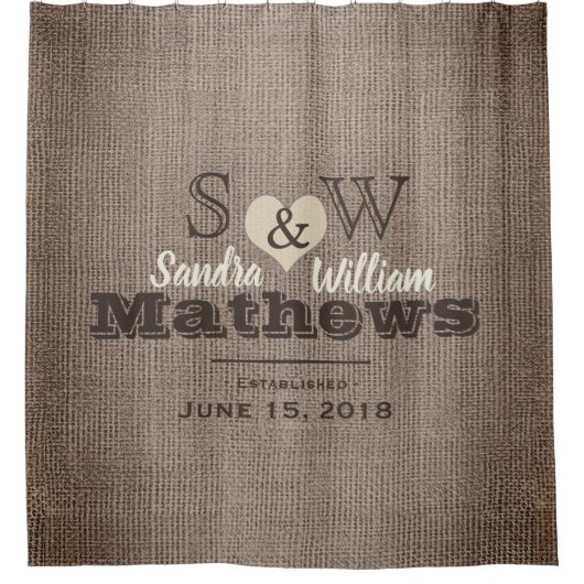 Rustic Burlap en Heart Monogram Wedding Douchegordijn (Voorkant)