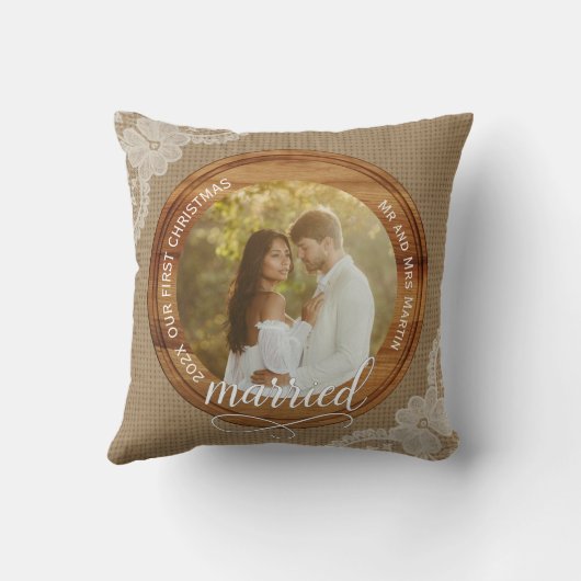Rustic burlap en kant Eerste kerst als getrouwd pa Kussen (Achterkant)