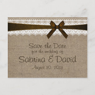 Rustic Burlap en  kant opslaan Datum Aankondigingskaart