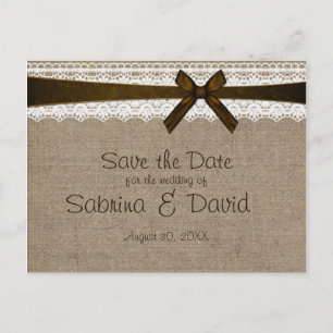 Rustic Burlap en  kant opslaan Datum Aankondigingskaart
