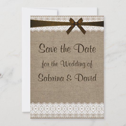 Rustic Burlap en kant opslaan Datum Save The Date (Voorkant)