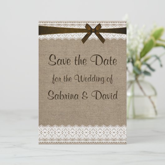 Rustic Burlap en kant opslaan Datum Save The Date (Staand voorkant)