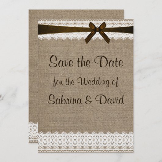 Rustic Burlap en kant opslaan Datum Save The Date (Voorkant / Achterkant)