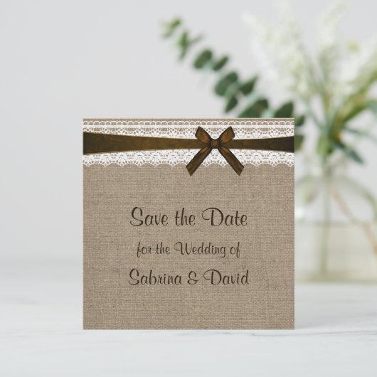 Rustic Burlap en  kant opslaan Datum Save The Date (Staand voorkant)