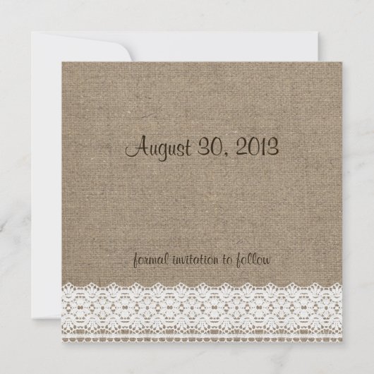Rustic Burlap en  kant opslaan Datum Save The Date (Achterkant)